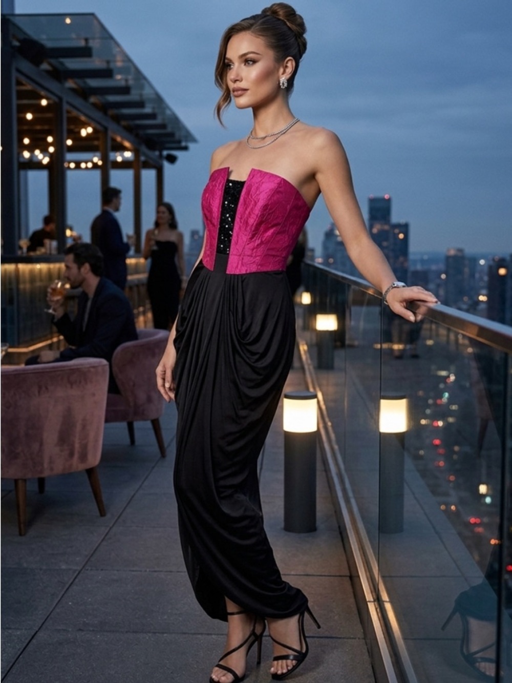 Theia Silk Beaded Fuchsia Pink and Black Formal Gown - XS 0